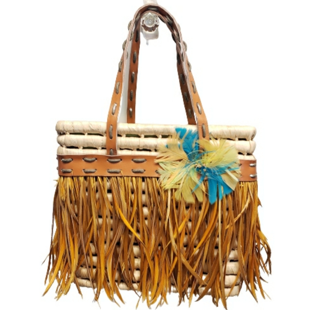 Vintage BACAMUNDA Rattan Feather & Straw Tote Bag